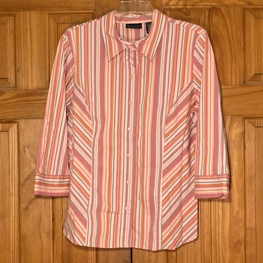 NWOT Apostrophe Stretch Vintage 90s Top 3/4 Sleeve Blouse Orange White Size XL